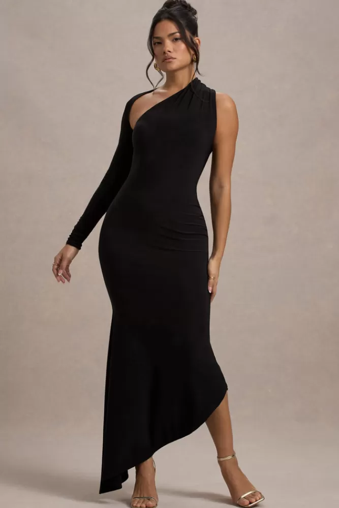 Club L London - Abito Monospalla Asimmetrico Elegante Nero, Abito Lungo da Sera Iconico