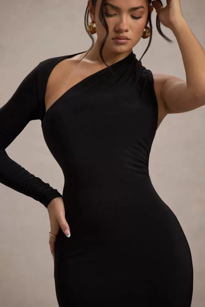 Club L London - Abito Monospalla Asimmetrico Elegante Nero, Abito Lungo da Sera Iconico
