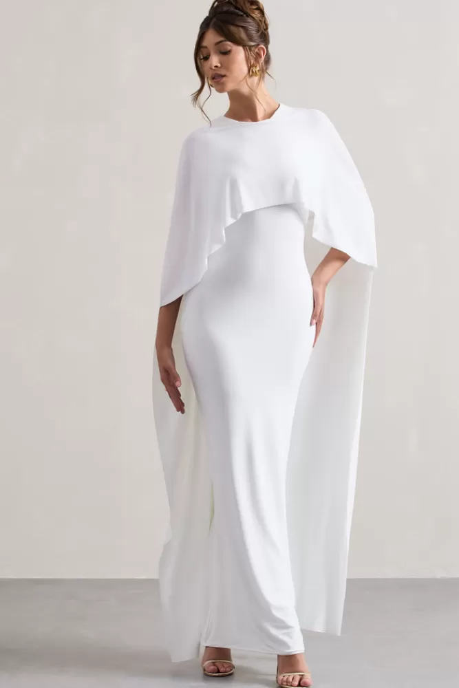 Club L London - Abito Longuissimo con Drappeggi e Maniche a Cappuccio, Bianco Puro - Disponibile Online