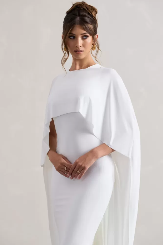 Club L London - Abito Longuissimo con Drappeggi e Maniche a Cappuccio, Bianco Puro - Disponibile Online