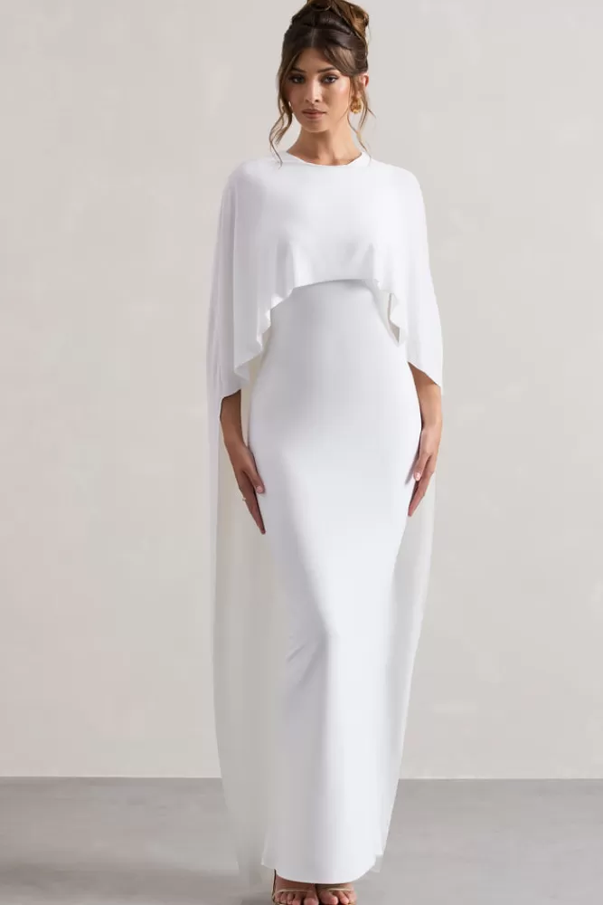 Club L London - Abito Longuissimo con Drappeggi e Maniche a Cappuccio, Bianco Puro - Disponibile Online