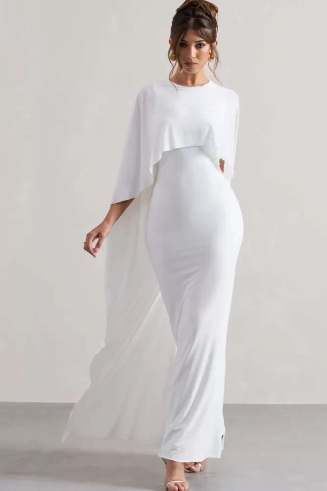 Club L London - Abito Longuissimo con Drappeggi e Maniche a Cappuccio, Bianco Puro - Disponibile Online