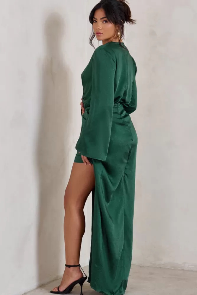 Abito Longuette con Scollo Profondo e Maniche Lunghe | Dettaglio Lacci in Verde Smeraldo di Club L London – Sconto Esclusivo