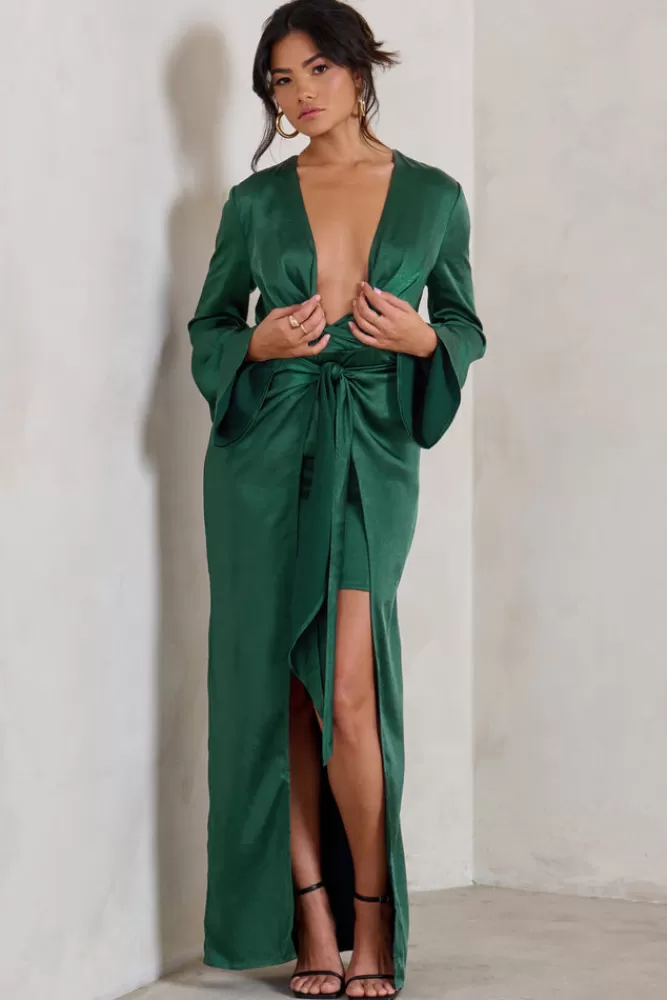 Abito Longuette con Scollo Profondo e Maniche Lunghe | Dettaglio Lacci in Verde Smeraldo di Club L London – Sconto Esclusivo