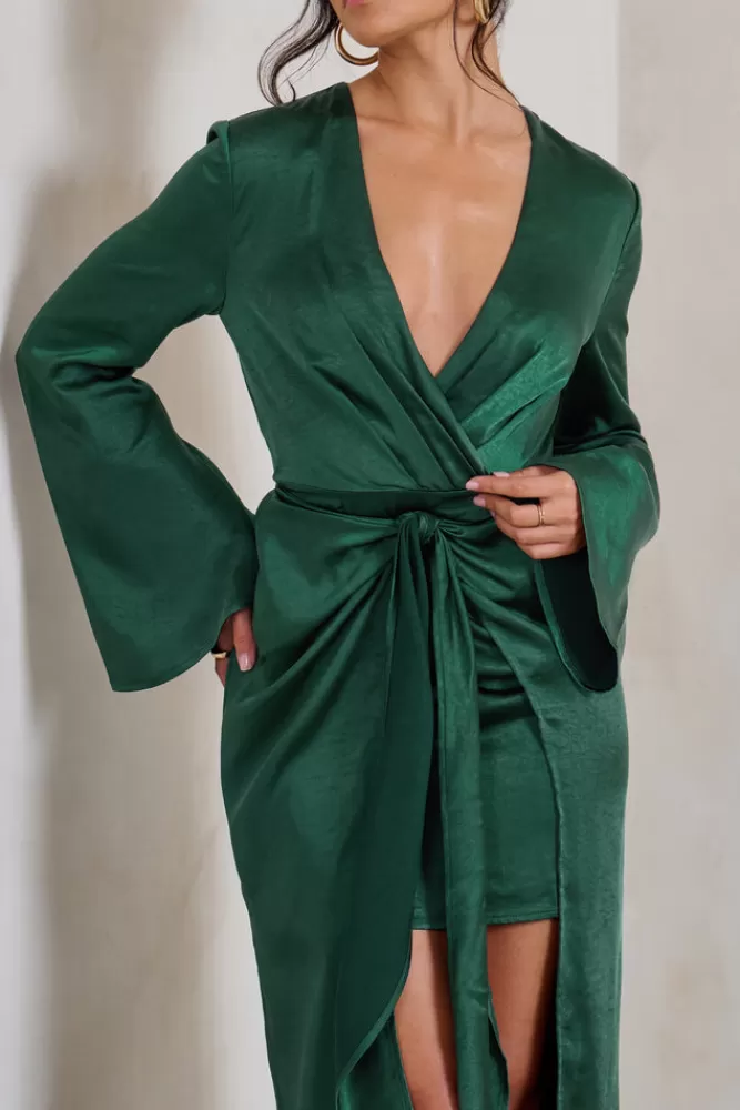 Abito Longuette con Scollo Profondo e Maniche Lunghe | Dettaglio Lacci in Verde Smeraldo di Club L London – Sconto Esclusivo