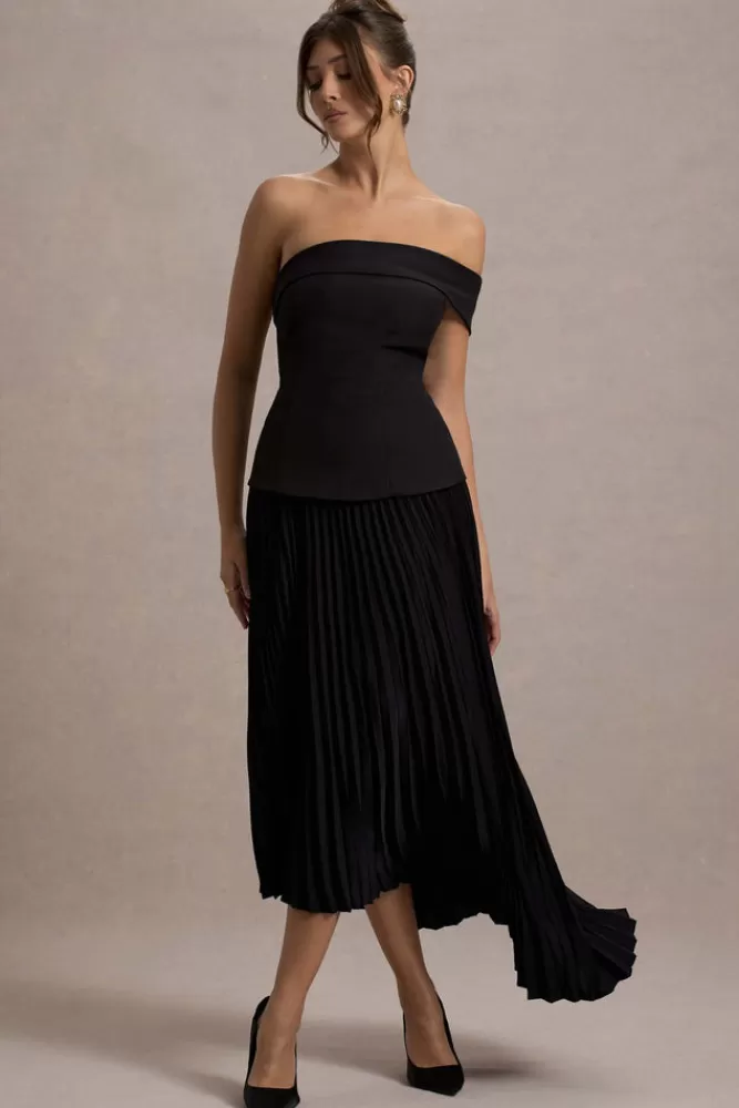 Saldi Lampo: Vestito Lungo Elegante Paulie di Club L London - Scollatura alla Bardot e Gonna Con Pieghe Squisite in Nero