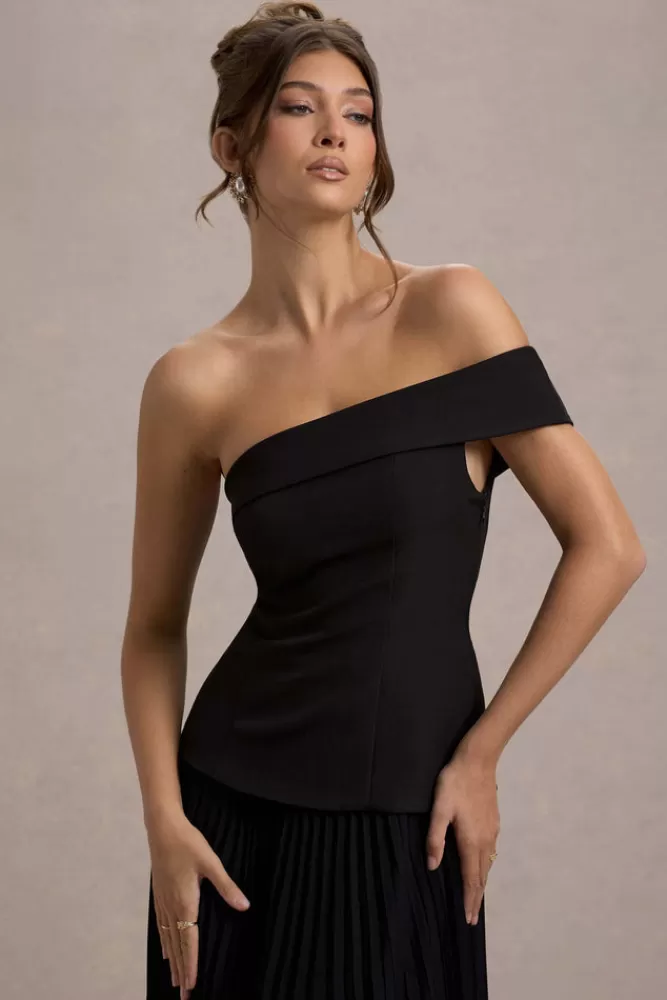 Saldi Lampo: Vestito Lungo Elegante Paulie di Club L London - Scollatura alla Bardot e Gonna Con Pieghe Squisite in Nero