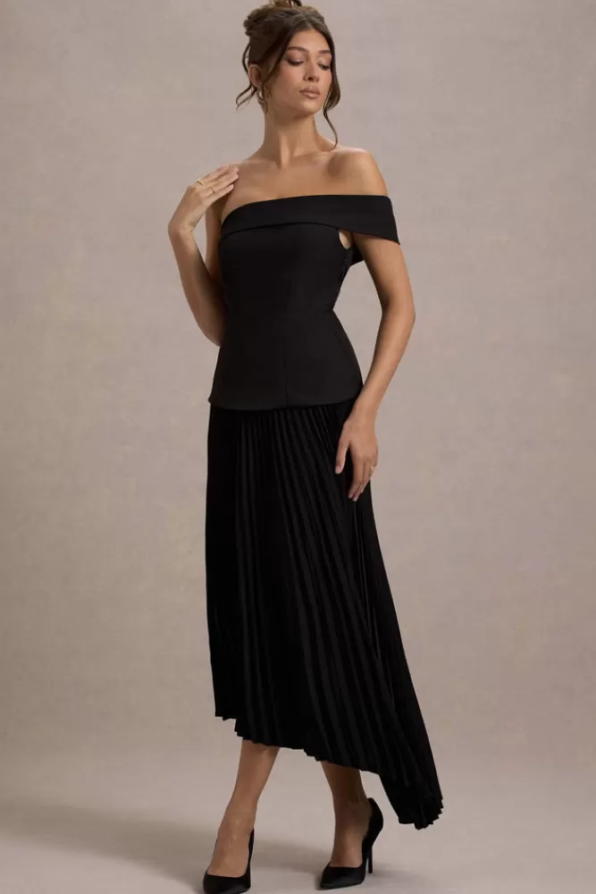 Saldi Lampo: Vestito Lungo Elegante Paulie di Club L London - Scollatura alla Bardot e Gonna Con Pieghe Squisite in Nero