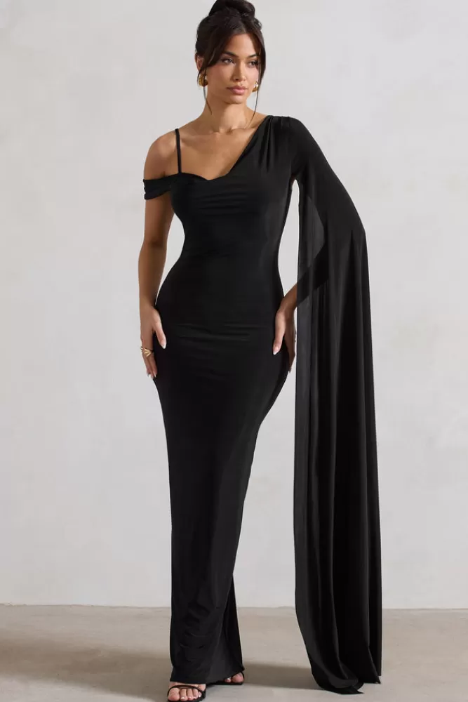 Club L London Pedra - Abito Elegante Monospalla con Drappeggio e Manica a Mantella, Nero - Offerta Imperdibile
