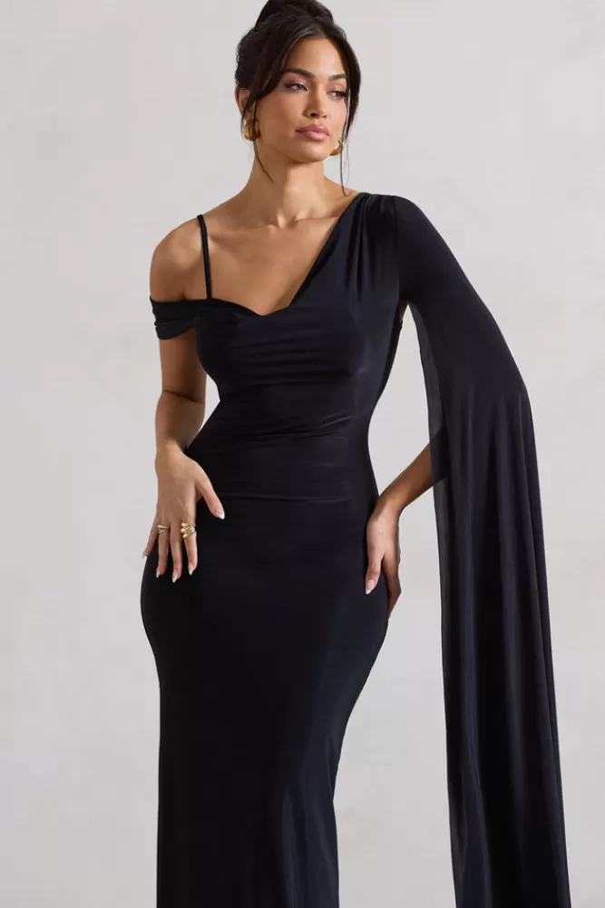 Club L London Pedra - Abito Elegante Monospalla con Drappeggio e Manica a Mantella, Nero - Offerta Imperdibile