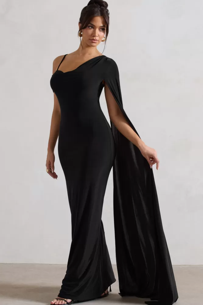 Club L London Pedra - Abito Elegante Monospalla con Drappeggio e Manica a Mantella, Nero - Offerta Imperdibile