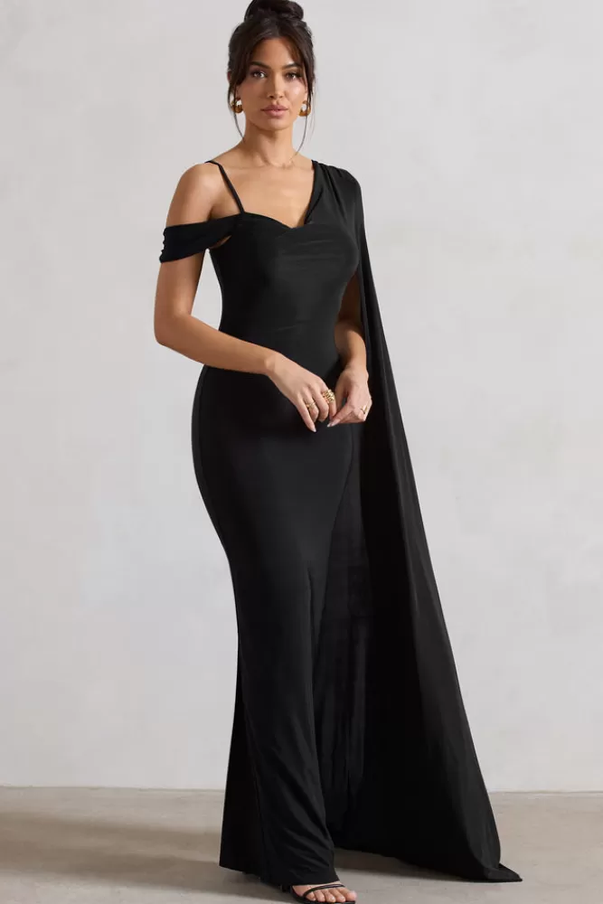 Club L London Pedra - Abito Elegante Monospalla con Drappeggio e Manica a Mantella, Nero - Offerta Imperdibile