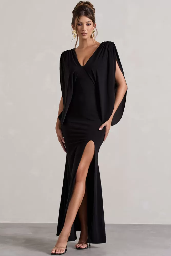 Abito lungo Club L London Perry con spacco e scollo a V - Maniche a mantella elegante in Nero intenso