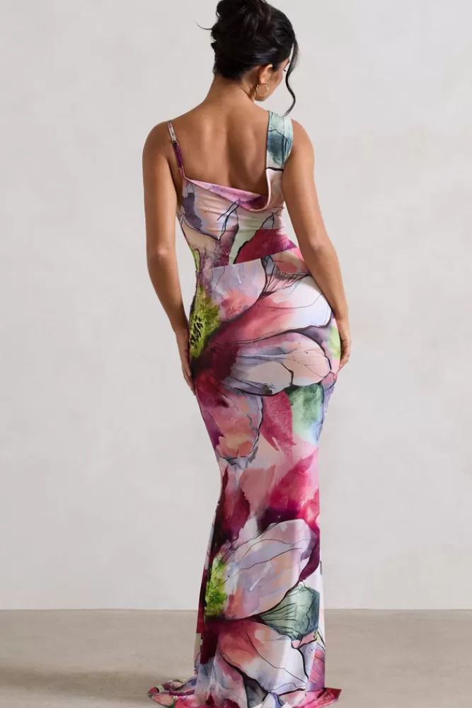 Abito Elegante Club L London - Vestito Lungo con Stampa Floreale Rosa, Scollatura Asimmetrica e Drappeggio, Design Femminile per Occasioni Speciali, Fantasia Multiflora