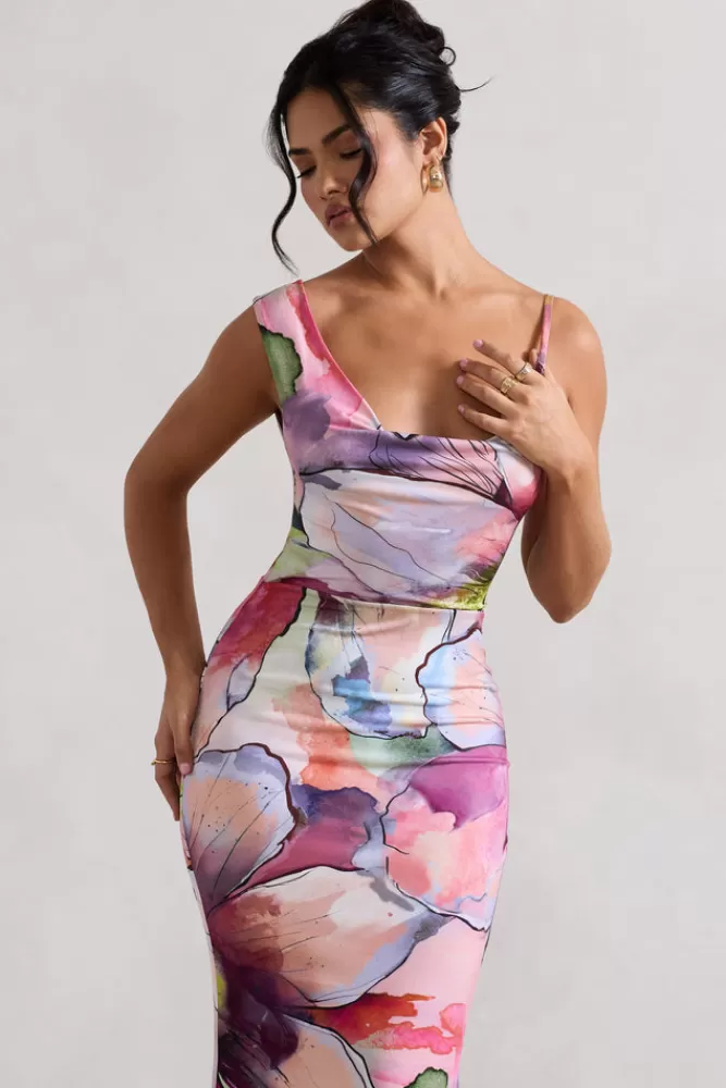 Abito Elegante Club L London - Vestito Lungo con Stampa Floreale Rosa, Scollatura Asimmetrica e Drappeggio, Design Femminile per Occasioni Speciali, Fantasia Multiflora
