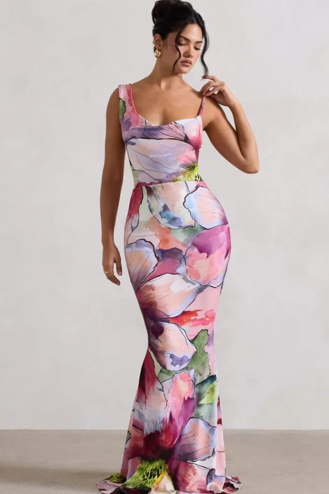 Abito Elegante Club L London - Vestito Lungo con Stampa Floreale Rosa, Scollatura Asimmetrica e Drappeggio, Design Femminile per Occasioni Speciali, Fantasia Multiflora
