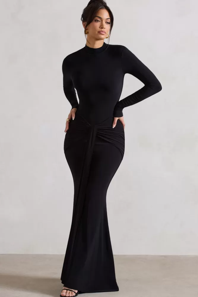 Club L London - Pietra Abito da Sera con Nodo Decorativo, Scollo Alto e Manica Lunga in Tessuto Fluido, Elegante Nero per Look Minimalista, Confezione Premium Autunno/Inverno
