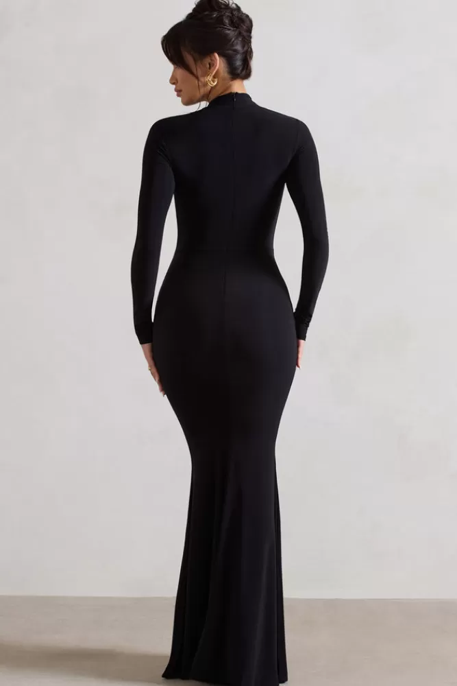 Club L London - Pietra Abito da Sera con Nodo Decorativo, Scollo Alto e Manica Lunga in Tessuto Fluido, Elegante Nero per Look Minimalista, Confezione Premium Autunno/Inverno