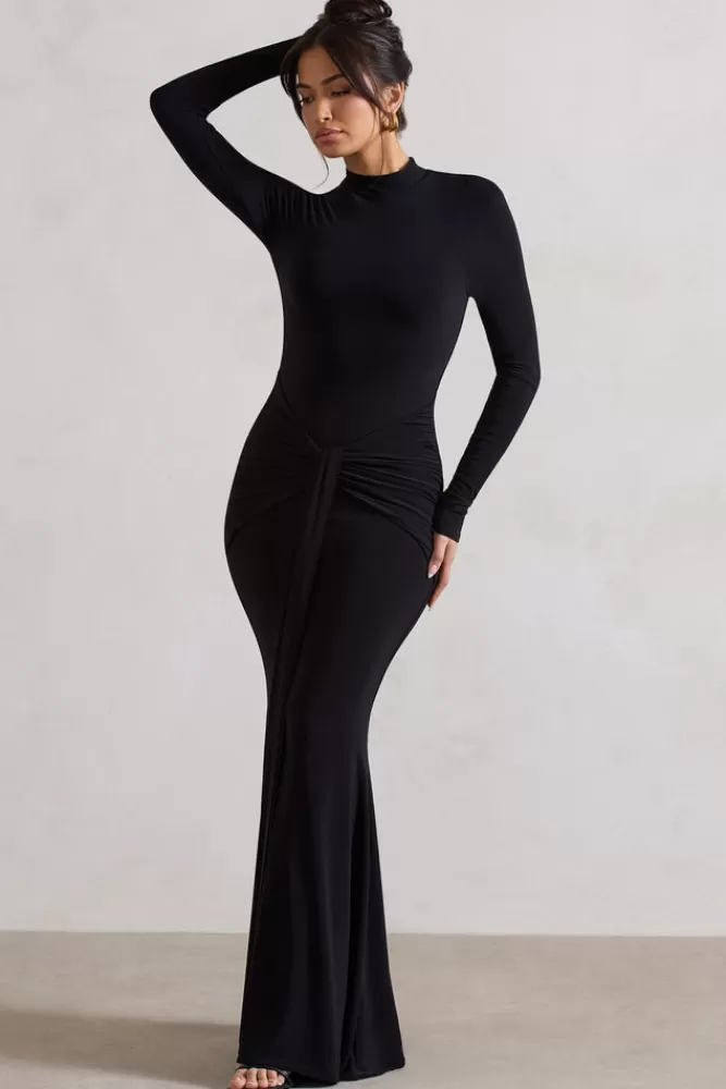 Club L London - Pietra Abito da Sera con Nodo Decorativo, Scollo Alto e Manica Lunga in Tessuto Fluido, Elegante Nero per Look Minimalista, Confezione Premium Autunno/Inverno