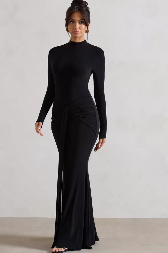 Club L London - Pietra Abito da Sera con Nodo Decorativo, Scollo Alto e Manica Lunga in Tessuto Fluido, Elegante Nero per Look Minimalista, Confezione Premium Autunno/Inverno