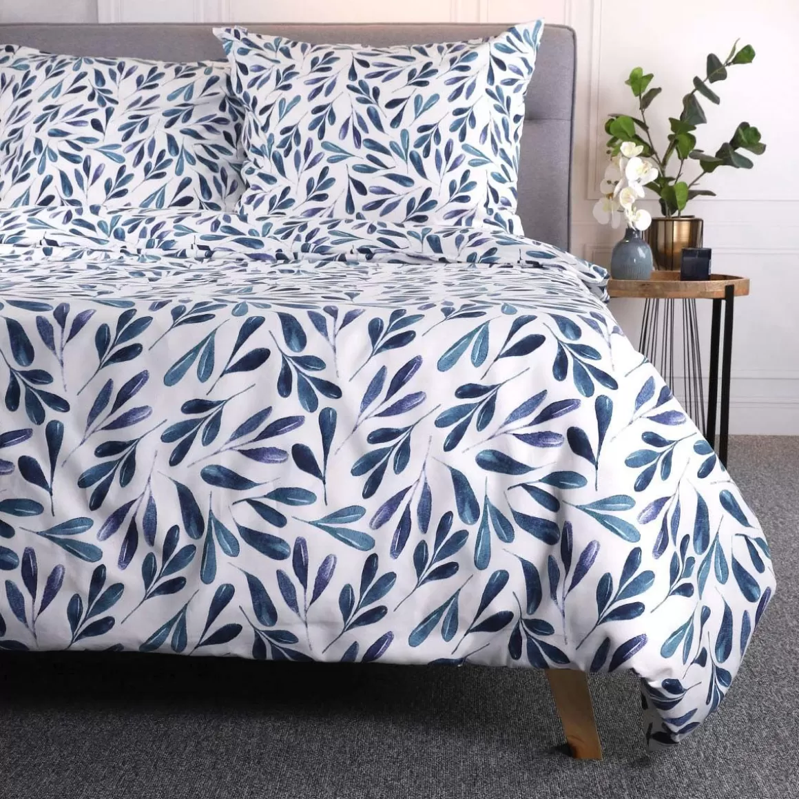Set Lenzuola HOMLA Rinta in Microfibra con Disegno Foglie - Misura Matrimoniale 140x200 cm + Federa Singola 70x80, Bianco Verde Morbido per un Sonno Confortevile