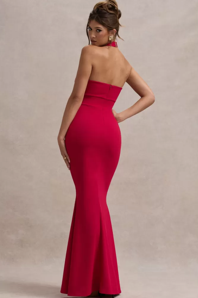 Club L London | Vestito Raelynn Nuovo: Abito Lungo Elegante con Scollo a Fascia, Détagli Traforati e Fiocco Decorativo - Rosso Vivace