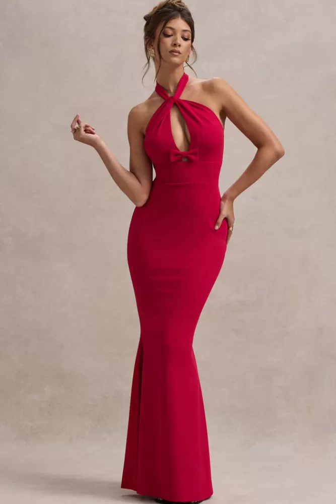 Club L London | Vestito Raelynn Nuovo: Abito Lungo Elegante con Scollo a Fascia, Détagli Traforati e Fiocco Decorativo - Rosso Vivace