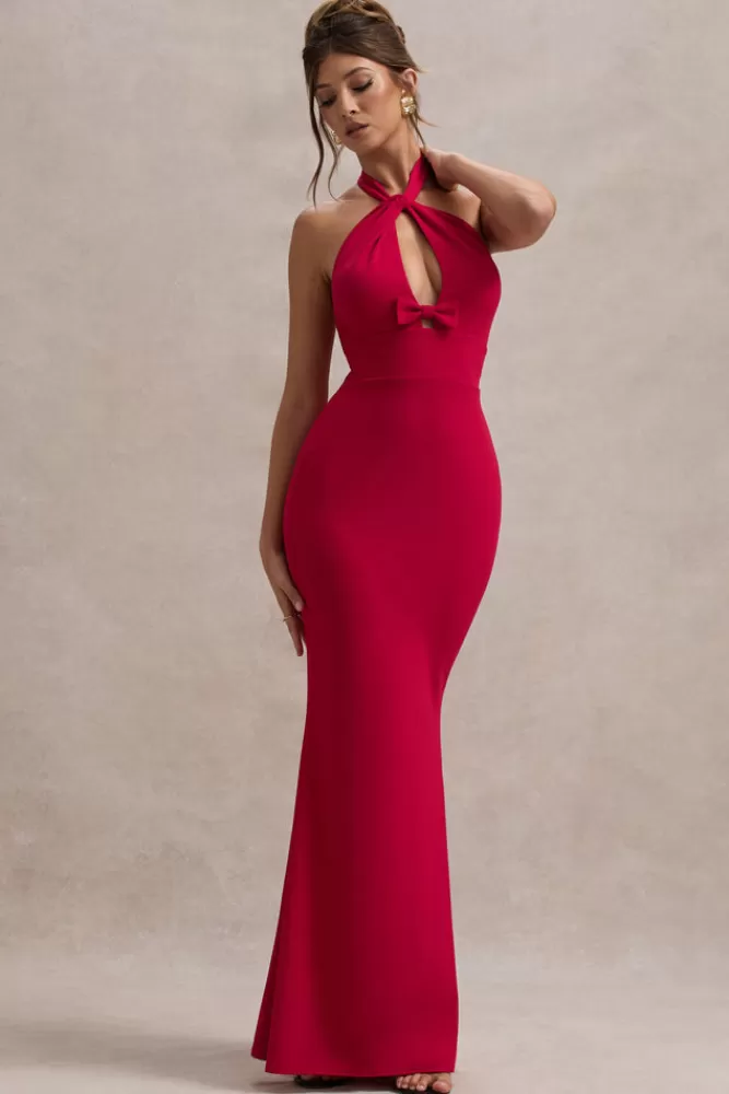 Club L London | Vestito Raelynn Nuovo: Abito Lungo Elegante con Scollo a Fascia, Détagli Traforati e Fiocco Decorativo - Rosso Vivace