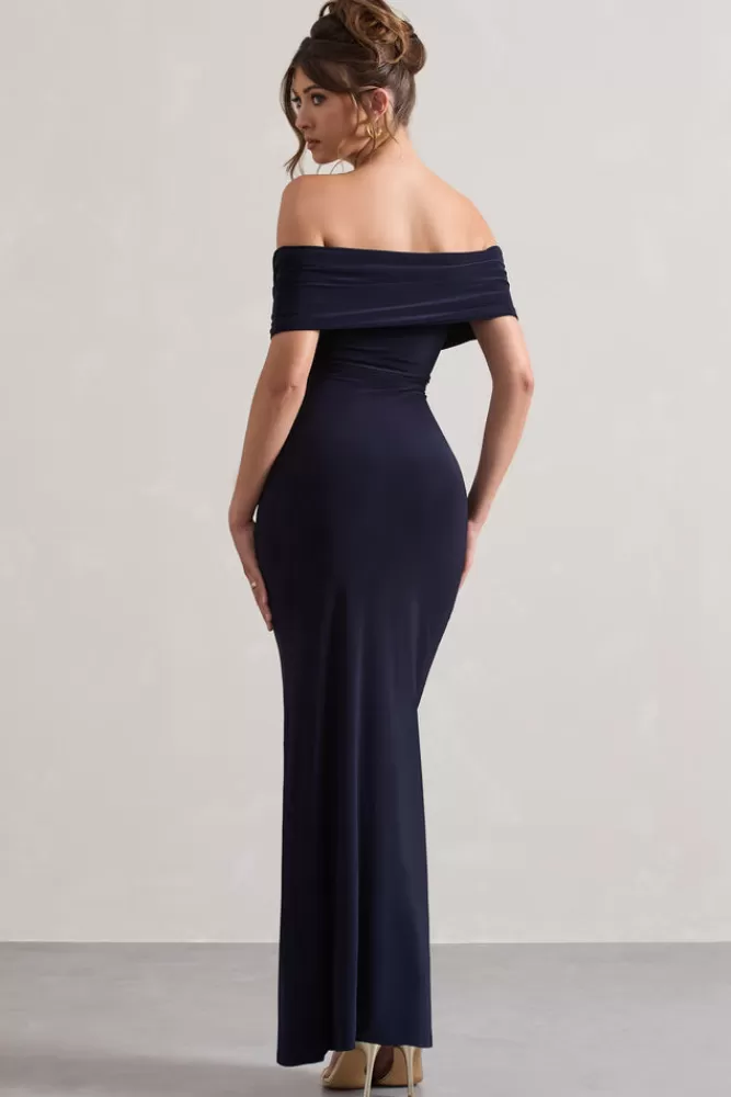 Abito lungo Club L London con scollo alla bardò e drappeggio frontale - Blu navy elegante per look estivi audaci