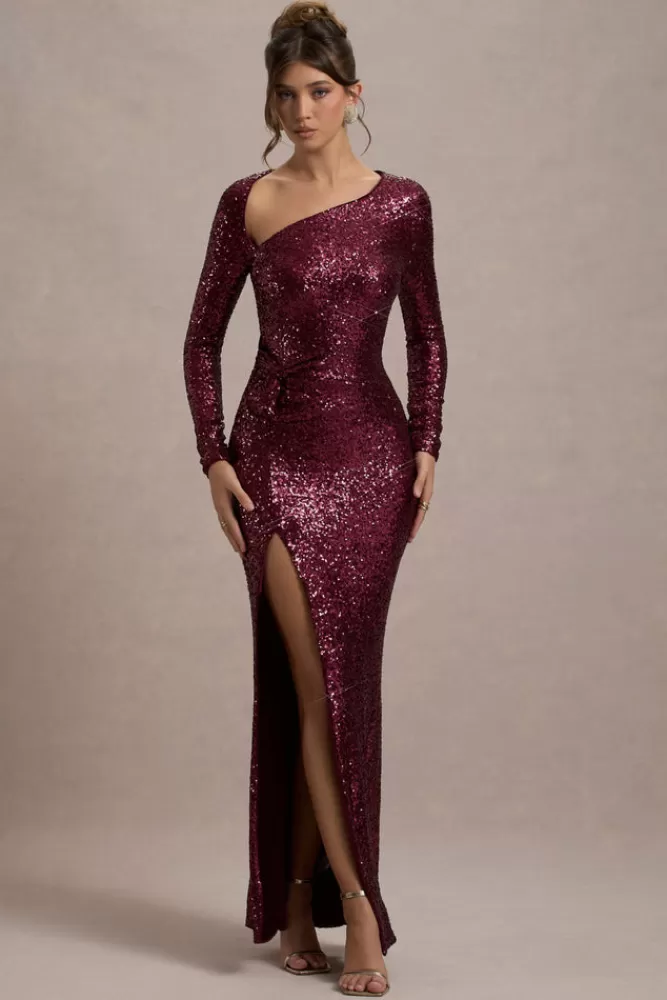 Abito da sera elegante con paillettes e manica lunga - Design avvolgente in tonalità Borgogna | Club L London Collection
