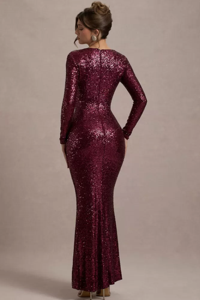 Abito da sera elegante con paillettes e manica lunga - Design avvolgente in tonalità Borgogna | Club L London Collection
