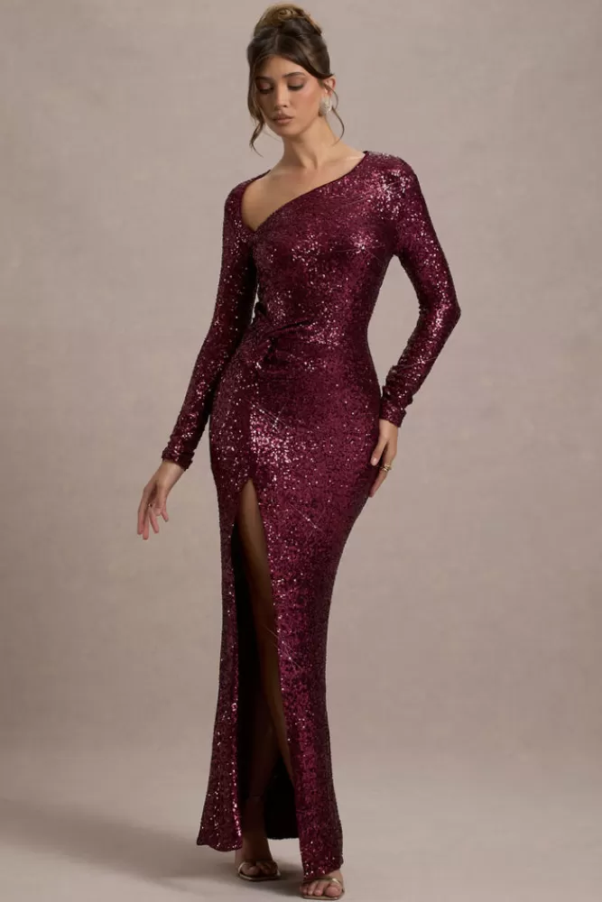 Abito da sera elegante con paillettes e manica lunga - Design avvolgente in tonalità Borgogna | Club L London Collection
