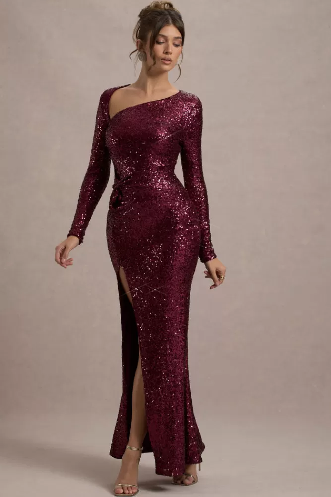 Abito da sera elegante con paillettes e manica lunga - Design avvolgente in tonalità Borgogna | Club L London Collection