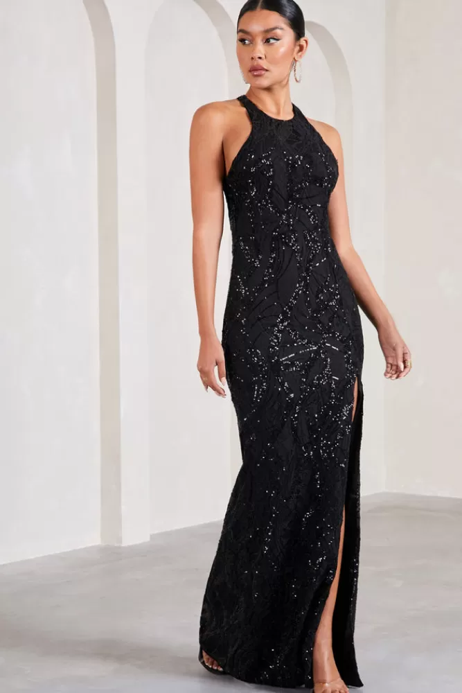 Vestito Lungo Club L London - Pizzo con Fioretti, Spaccatura Laterale e Rifiniture Glitter - Nero Elegante in Edizione Limitata con Sconto Imperdibile