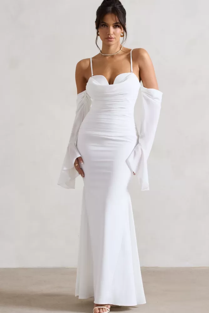 Abito Maxi Rhiannon in Tinta Unica - Drappeggio Elegante con Maniche a Svaso e Scivolatura Posteriore | Club L London Collection Autunno - Confezione Sostenibile in Crêpe Fluido