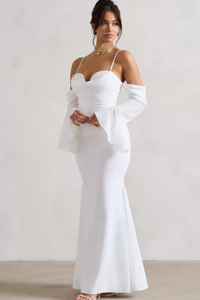 Abito Maxi Rhiannon in Tinta Unica - Drappeggio Elegante con Maniche a Svaso e Scivolatura Posteriore | Club L London Collection Autunno - Confezione Sostenibile in Crêpe Fluido