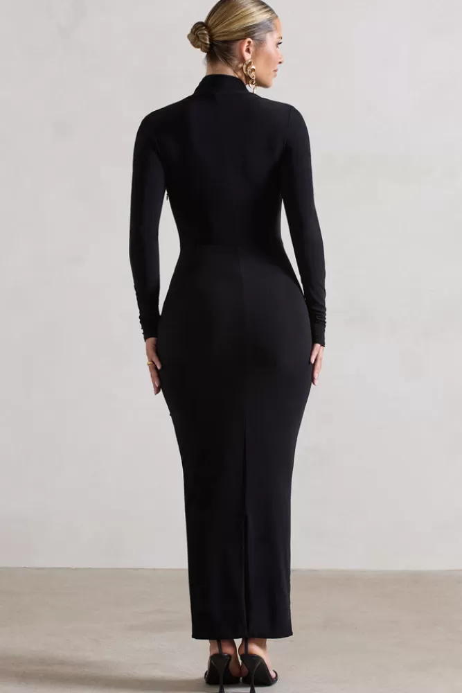 Club L London - Abito Elegante Risha con Scollo Profondo e Manica Lunga, Nero
