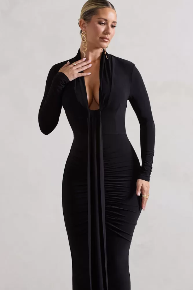 Club L London - Abito Elegante Risha con Scollo Profondo e Manica Lunga, Nero