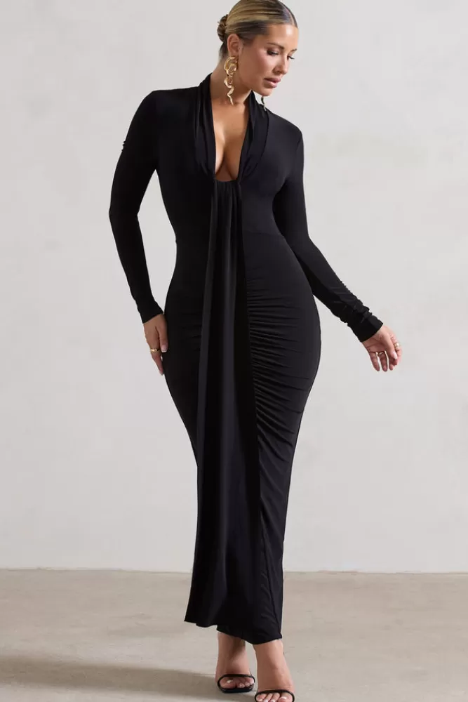 Club L London - Abito Elegante Risha con Scollo Profondo e Manica Lunga, Nero