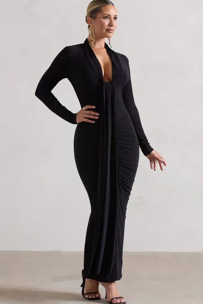 Club L London - Abito Elegante Risha con Scollo Profondo e Manica Lunga, Nero
