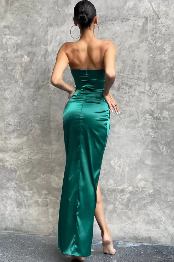 Club L London | Elegante Abito Lungo in Satin Verde Acqua con Corsetto Bandeau - Vestito da Sera con Dettagli a Vita Stretta