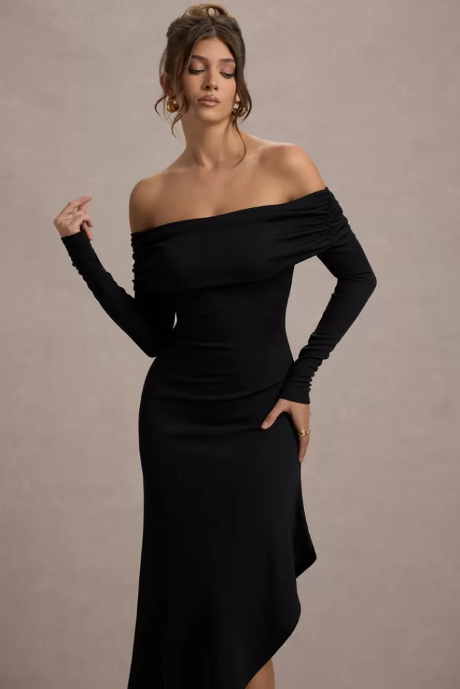 Vestito lungo Romina in maglia costola scollato alla Bardot con dettaglio asimmetrico - Nero Iconico by Club L London