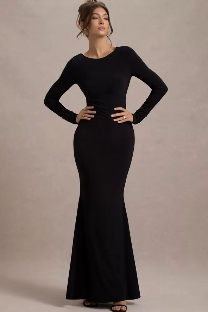 Club L London, Rosalee Abito Maxi con Maniche Lunghe e Scollo Drappeggiato - Design a Coda di Sirena con Fiocchi Decorativi in Nero Intenso, Eleganza Senza Tempo per Ogni Occasione