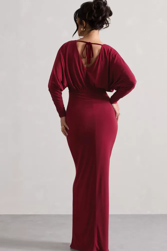 Abito lungo Ruth di Club L - Scollatura profonda in drapè color bacca, offerta saldi ultimi pezzi