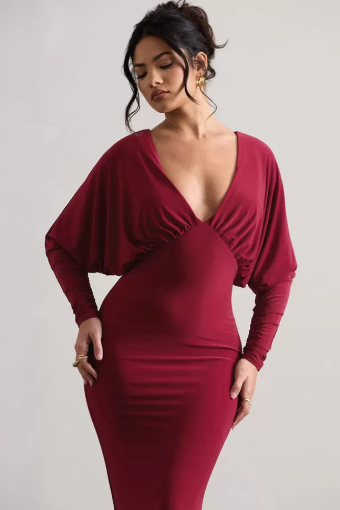 Abito lungo Ruth di Club L - Scollatura profonda in drapè color bacca, offerta saldi ultimi pezzi