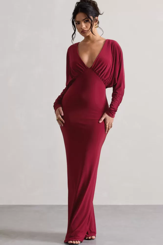 Abito lungo Ruth di Club L - Scollatura profonda in drapè color bacca, offerta saldi ultimi pezzi