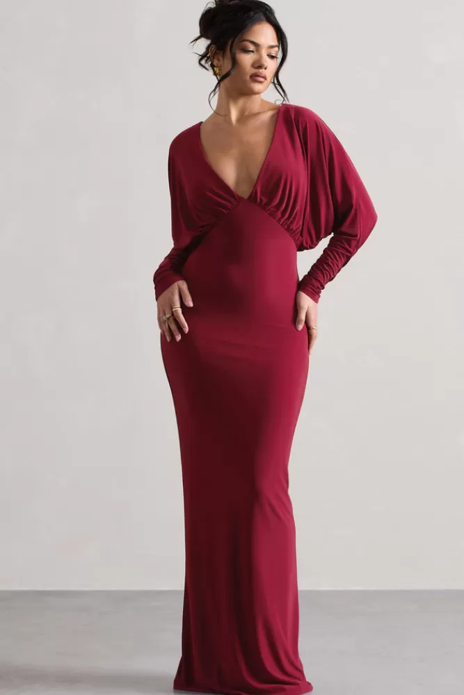 Abito lungo Ruth di Club L - Scollatura profonda in drapè color bacca, offerta saldi ultimi pezzi