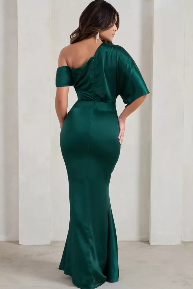 Club L London - Abito Maxi Sabrina in Raso Verde Bottiglia con Scollo Asimmetrico | Edizione Limitata