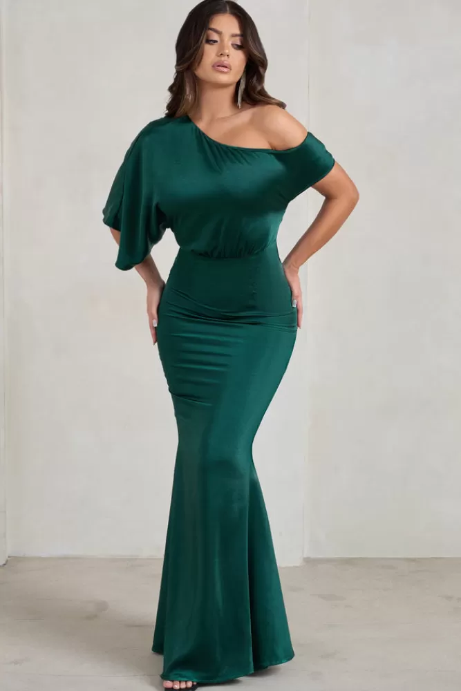 Club L London - Abito Maxi Sabrina in Raso Verde Bottiglia con Scollo Asimmetrico | Edizione Limitata