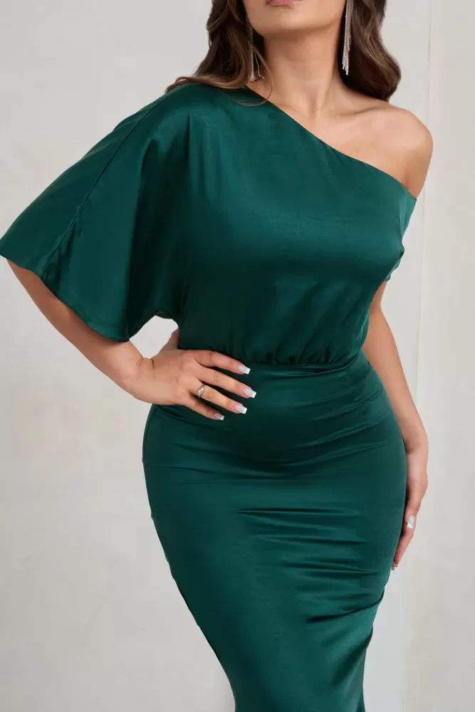 Club L London - Abito Maxi Sabrina in Raso Verde Bottiglia con Scollo Asimmetrico | Edizione Limitata